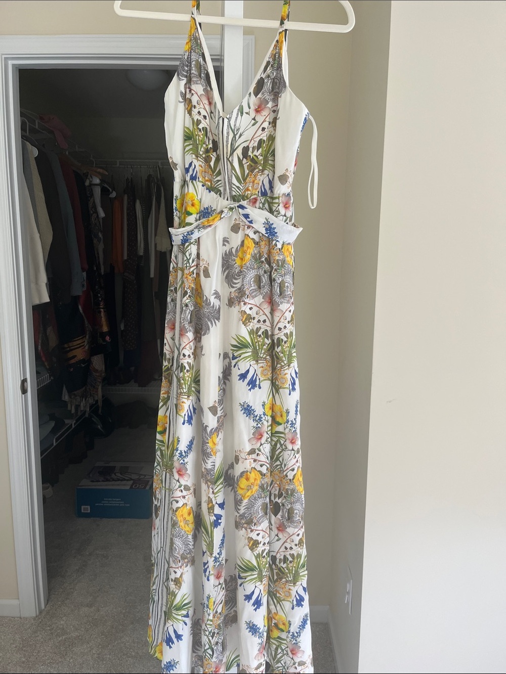 Ted Baker London White Floral Maxi Dress with Yellow & Blue Blooms and Cutout